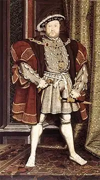 Henry VIII after a Holbein of 1537.  Later copy by unknown artist after Hans Holbein the Younger's destroyed mural at Whitehall Palace.