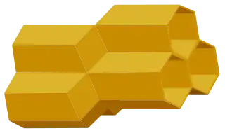 A computer-generated model of two opposing honeycomb layers, showing three cells on one layer fitting together with three cells on the opposing layer.