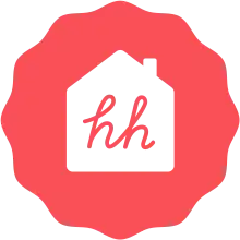 A red, radial geometric shape with a 2D white house in the centre bearing two red lowercase letters "hh"