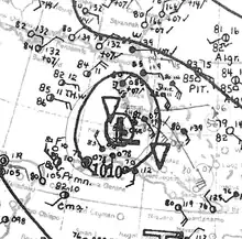 Drawing of pressure contours and synoptic–scale weather events superimposed on a black and white map of the eastern Gulf of Meixico.