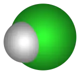 Space-filling model of hydrogen chloride with atom symbols