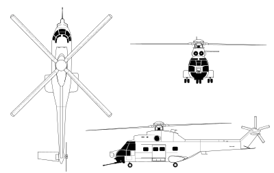 Orthographically projected diagram of the SA330 Puma Line Drawing