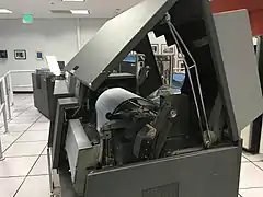 Side view of opened up IBM 1403 printer.