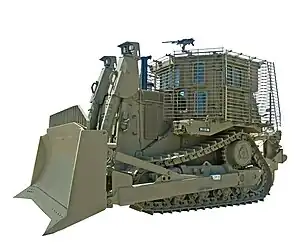 The militarized Caterpillar D9 armored bulldozer allows for earthmoving projects in a combat environment. In the picture: IDF Caterpillar D9R.