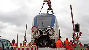 The wrecked passenger train at train accident site near Meerbusch on 8 Dec 2017