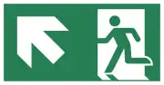 An exit symbol, combined with an arrow pointed up, to the left.