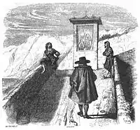 A black and white drawing of a man walking on a stone pathway, with two other men idle on the path's sides