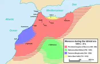 Idrisid state, around 820 CE, showing its maximal extent.