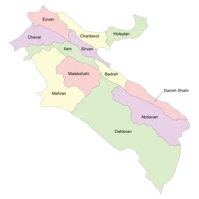 Location of Chavar County in Ilam province (top left, purple)