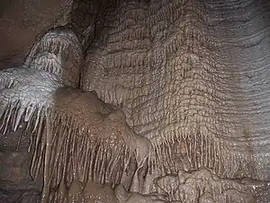 Image 17A flowstone formation inside Chimney Dome, part of Illinois Caverns in Monroe County. The cave is formed in limestone and dolomite by water dissolution and features stalactites, stalagmites, rimstone dams, flowstone, and soda straws.Photo credit: A. Frierdich (from Portal:Illinois/Selected picture)