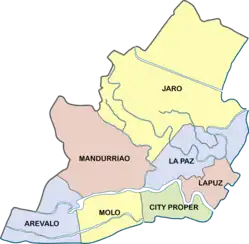 The districts of Iloilo City are Arevalo, City Proper, Jaro, La Paz, Lapuz, Mandurriao, and Molo.