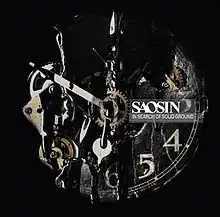 Cover art for In Search of Solid Ground; features a broken clock, with gears exposed, and a dark substance dripping down the face.