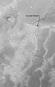 Inverted Streams near Juventae Chasma, Syrtis Major quadrangle, as seen by Mars Global Surveyor.  These streams begin at the top of a ridge then run together.