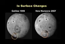 In the New Horizons image (from 2007), a small area of dark material is present in a bright region near the bottom; this area was not present in the Galileo image (from 1999).