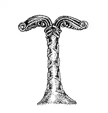 An illustration of Wilhelm Teudt's proposed 'straightening' of the object, yielding what he considered to symbolize an Irminsul, and subsequently used in Nazi Germany and among some Neopagan groups