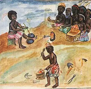 Scene of iron-working in 1650s Angola, with Lusona depicted on the upper right, below the crown