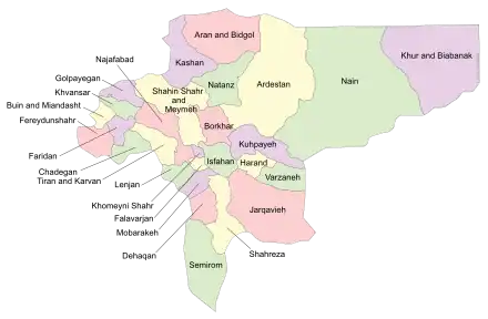 Location of Najafabad County in Isfahan province (left center, pink)