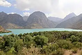 A milky-blue lake with numerous green treetops in the foreground and multiple steep-sided mountains in the background