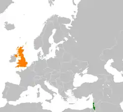 Map indicating locations of Israel and United Kingdom