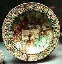 Italian Sancai Bowl depicting a card game, mid 15th century