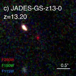 Color composite JWST NIRCam image of distant galaxy JADES-GS-z13-0. An initial sample of four z>10 galaxies was spectroscopically confirmed by Curtis-Lake et al. at redshifts z~10.4-13.2. The most distant galaxies at z=13.20 and z=12.63 are newly discovered by JADES NIRCam imaging, while the z=10.38 and z=11.58 galaxies confirm previous photometric redshift estimates from the literature. The yellow-orange-red colours reflect the absorption of the F115W and F150W fluxes of these distant galaxies by the  intervening intergalactic medium.