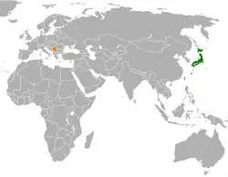 Map indicating locations of Japan and Serbia