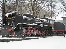 A Japanese D51 steam locomotive outside the Yuzhno-Sakhalinsk Railway Station