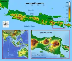 The eastern salient of Java (bottom-right) shown in the context of the island of Java (top).