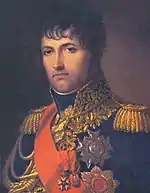 Painting shows a clean-shaven, dark-haired man wearing a dark blue military uniform with lots of decorations and gold lace.