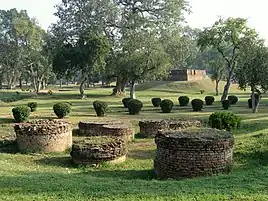 Scene in Jetavana, showing some small stupas.