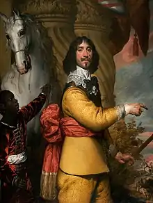 Head and shoulders colour portrait of haughty Cavalier, wearing yellow, with breastplate, lace collar and elaborate black cockade.