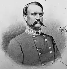 Old picture of a Confederate Civil War officer in uniform with a long mustache