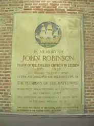 Historical marker to the memory of Pastor John Robinson near where he is buried.