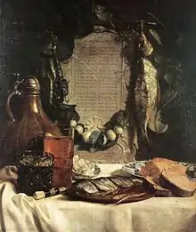 Pickled herring in a still life accompanied by a poem called "Lof aan de Pekelharing", by Joseph de Bray