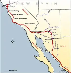 Image 3Map of the route taken by the Anza Expedition of 1775–76, from the Presidio of Tubac to San Francisco Bay. (from History of California)