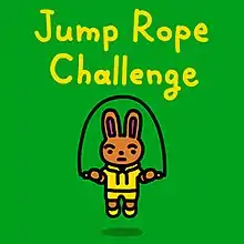 A cartoon anthropomorphic brown rabbit in yellow sports attire jumps while a skipping rope flies over its head. Above the skipping rope is a cartoon-style drawn yellow logo reading "Jump Rope Challenge". All of this is on a plain green background.