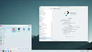 Standard stacking window manager and always-visible taskbar+tray with Info Center application open, showing KDE Neon 5.19 User Edition, with hardware and software versions listed in a tabular format. The panel is at the default location of the bottom of the screen with the default widgets. Visible on the panel from left to right are the icon for the Application Launcher menu, a standard task bar entry stating "System Information - Info Center", empty space, a System Tray containing an update icon from KDE Discover, a volume control icon, a removable devices icon, a networks icon, a menu to display further hidden items, a clock,  and a Show Desktop icon.