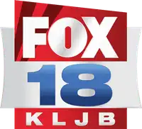 In a red box with an angled top, the Fox network logo, with two sublimated darker stripes resembling a pair of searchlights. Sitting beneath that, in a silver rectangle with concave sides, is a blue numeral 18 in a bold, wide sans serif. Beneath in a red box are the white letters K L J B.