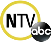 In a large white circle with a yellow border, the letters N T V, with the N in bold. The ABC network logo, a black disk with the letters a b c, overlaps it on the lower right.