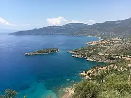 View of Kardamyli and surrounding areas from atop a cliff to the South