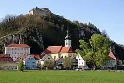 View of the town with Saint Michael's Church and the castle ruins