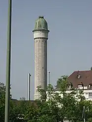 Chimney with water tower at Luitpold hospital in Würzburg, Germany