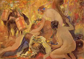 History painting: Bacchanalia; 1924, tempera on cardboard, 69 × 98 cm, Lviv National Art Gallery.