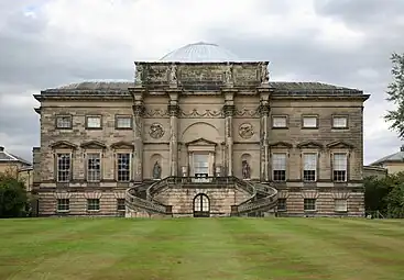 A double staircase differs from an imperial staircase, by having two flights leading to one destination, rather than one flight dividing to two further flights