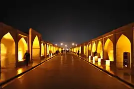 A view of the walkway on the Khaju Bridge at night