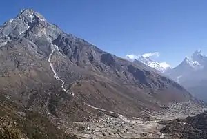 The mountain Khumbila above the villages Khumjung and Kunde. In the background you can see Mount Everest, Lhotse and Ama Dablam