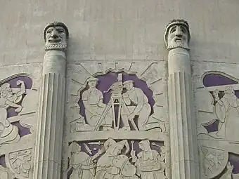 Art Deco mascarons on the King City High School Auditorium, King City, California, US, designed by Robert Stanton and Joseph Jacinto Mora, 1939