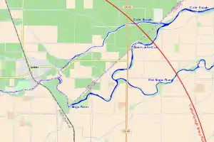 A map showing the three channels of the Kings River, with the planned California High-Speed Rail line crossing them in a broad arc to the east, and the community of Laton, California to the west