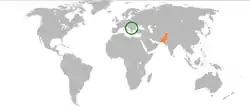 Map indicating locations of Kosovo and Pakistan