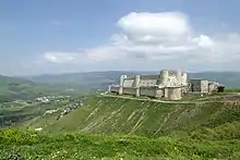 A large castle, with a dozen of towers and two lines of walls made of stone, on a hill